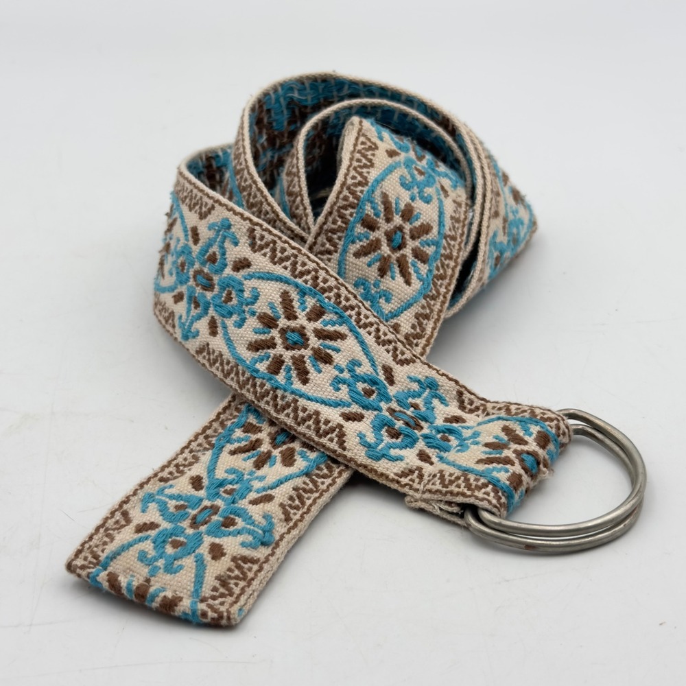 Woven Belt Blue Brown Embroidered D-Ring Boho Vintage Style 42in